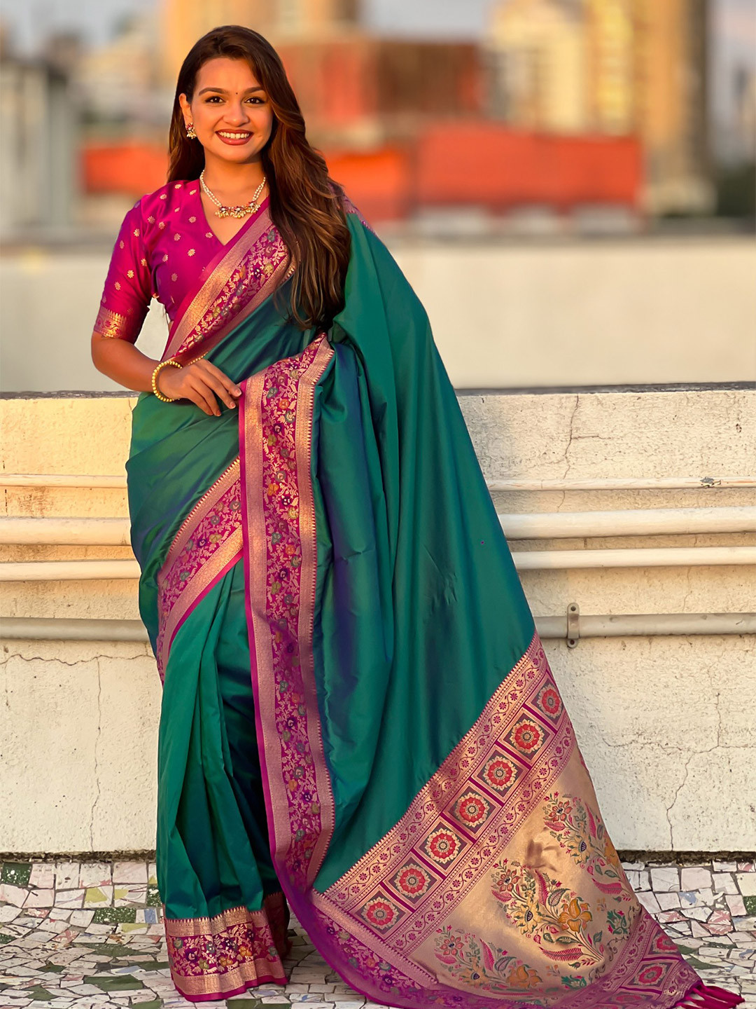 MySilkLove Teal Green and Pink Zari Woven Paithani Saree