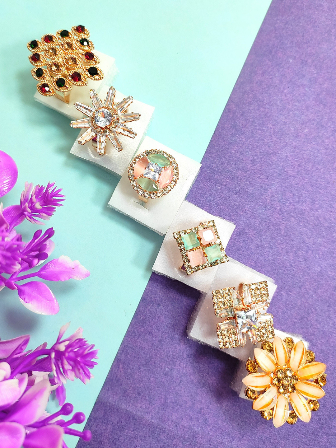 DIVYANSHI COLLECTION Pack Of 6 Gold Plated American Diamond Rings Brass FInger Ring