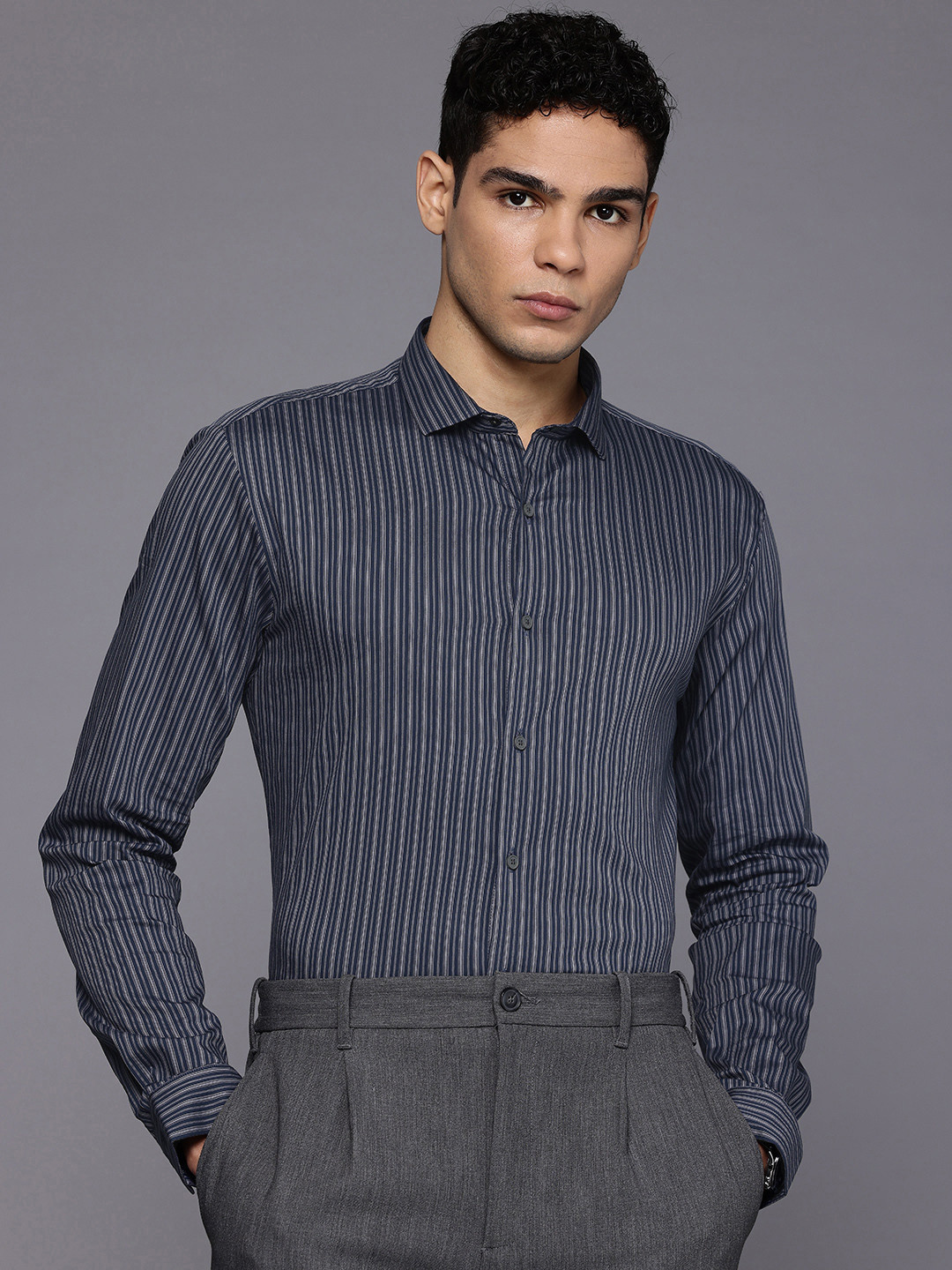 Louis Philippe Ath.Work Super Slim Fit Vertical Striped Semiformal Shirt