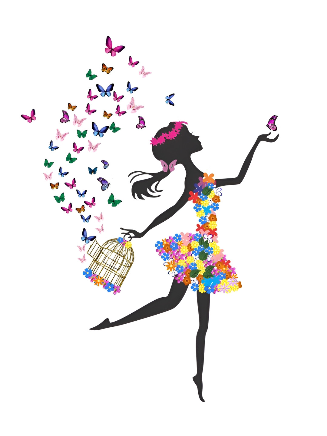 Decor Villa Multicolor Girl with Cage and Butterflies Wall Sticker