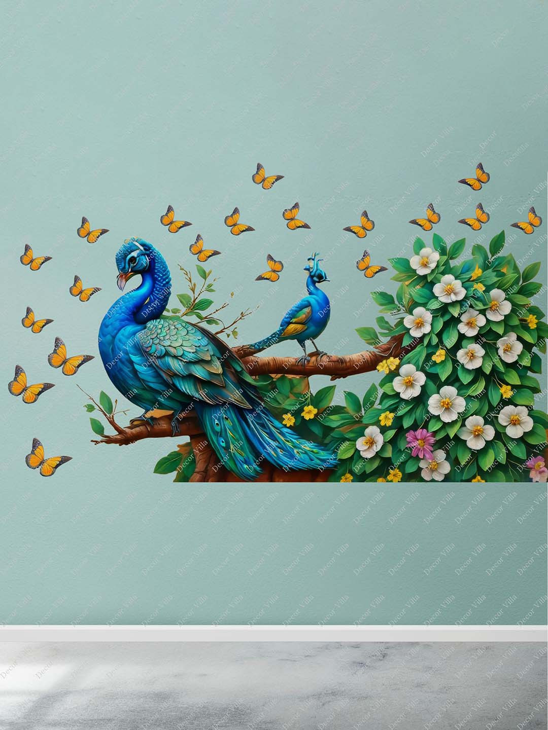 Decor Villa Multicolor Peacocks On Trees With Butterflies Wall Sticker