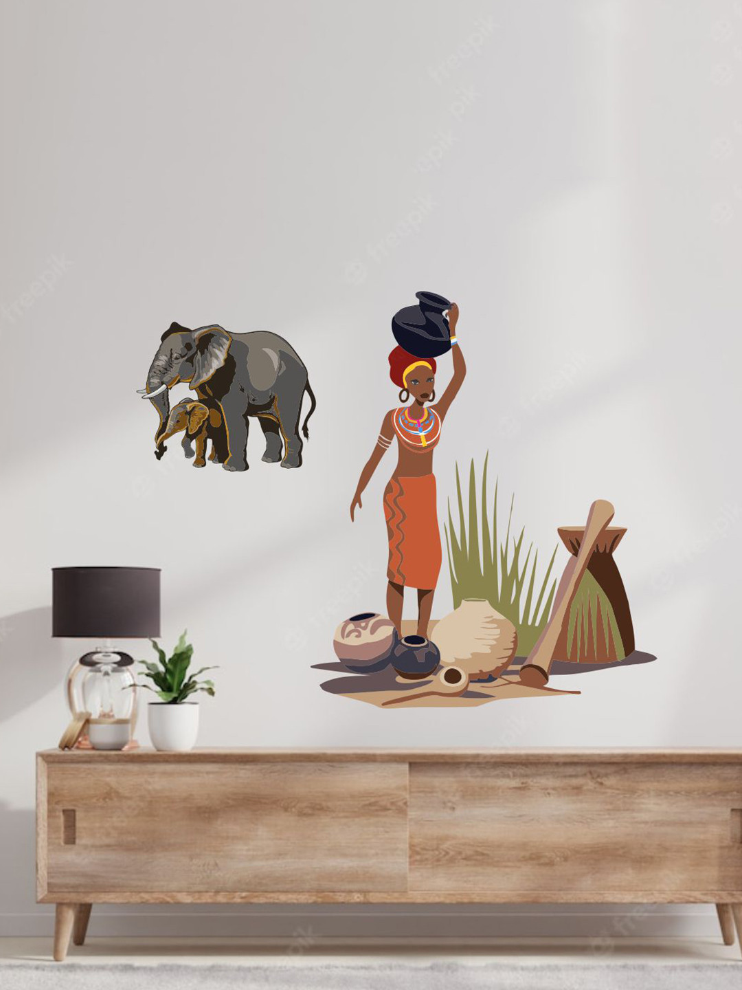 Decor Villa Multicolor African Girl with Elephant Wall Sticker