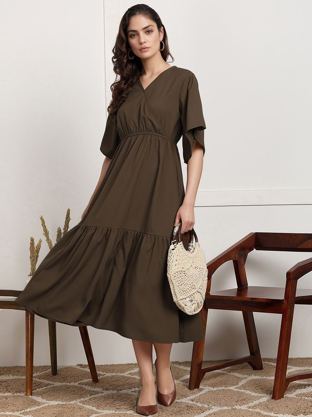 all about you Women Solid Texture Tiered Fit & Flare Midi Dress