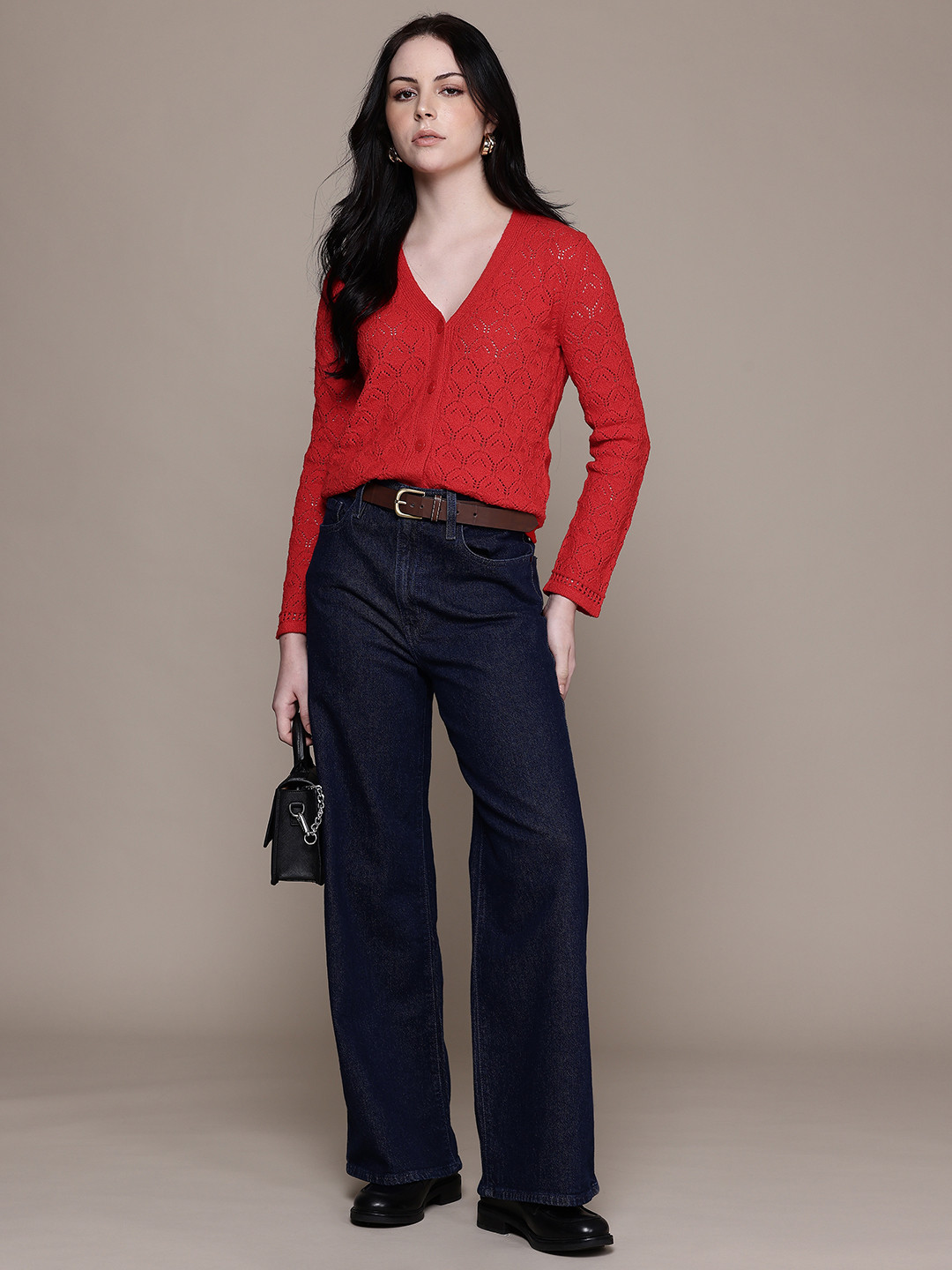 MANGO V-Neck Open-Knit Cardigan