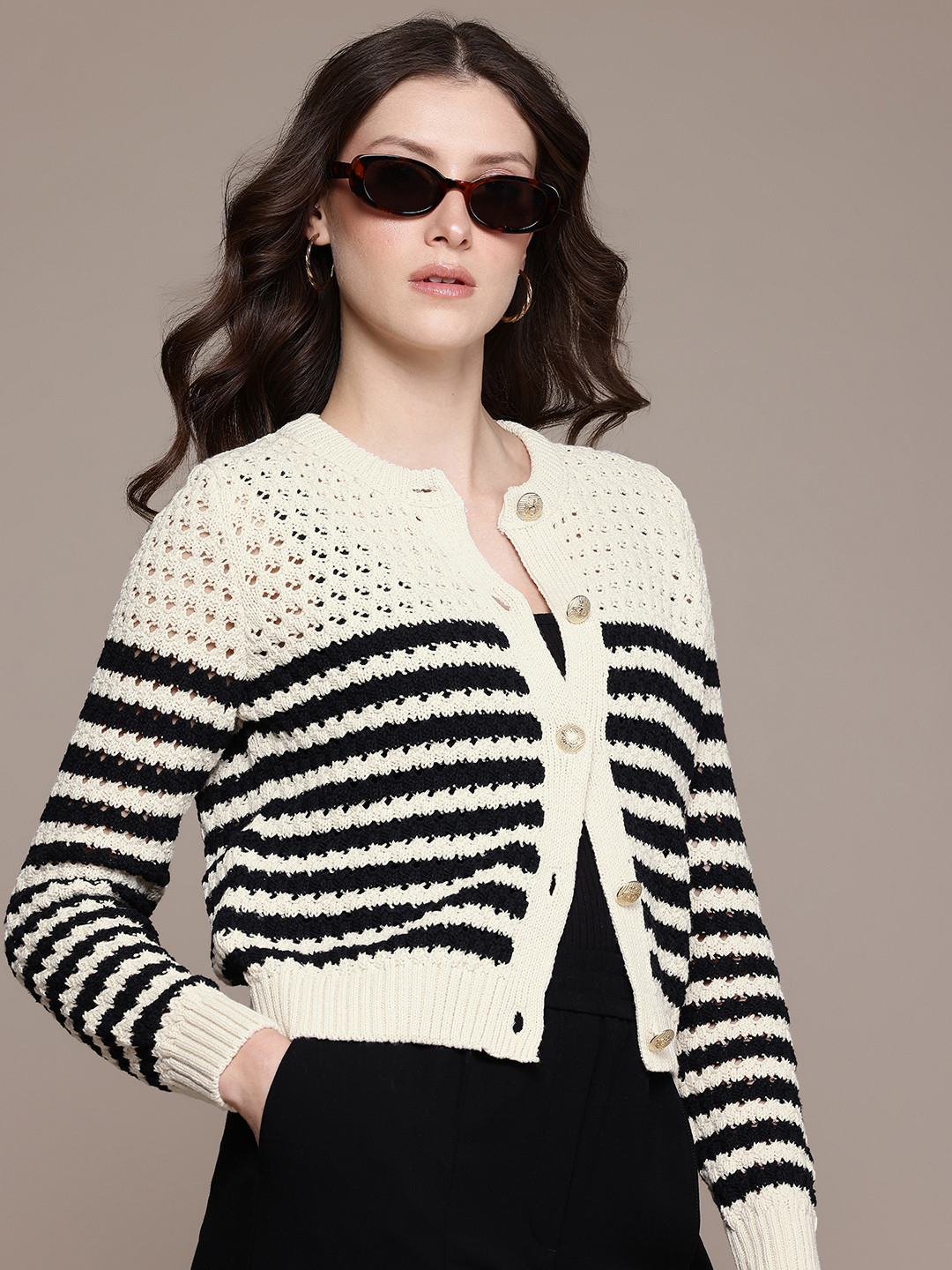 MANGO Open Knit Striped Round Neck Cardigan