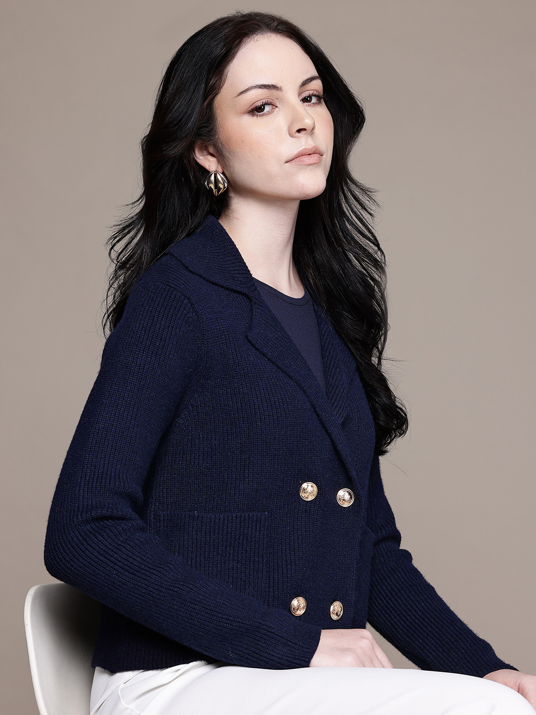 MANGO Notched Lapel Collar Double-Breasted Knitted Jacket with Jewel Buttons