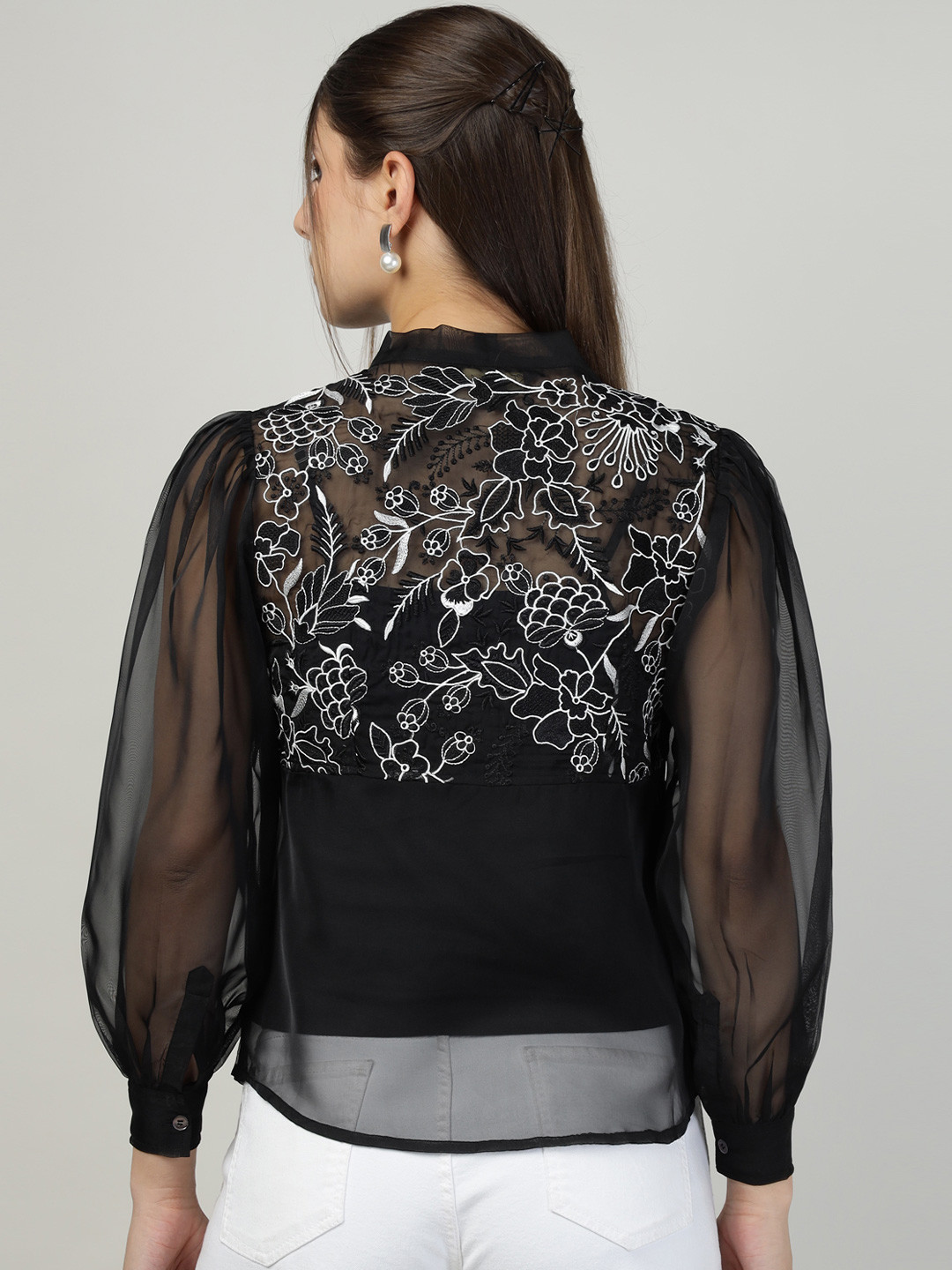 Sands of India Set of 2 Black Organza Tied Embroidered Shirt with Camisole