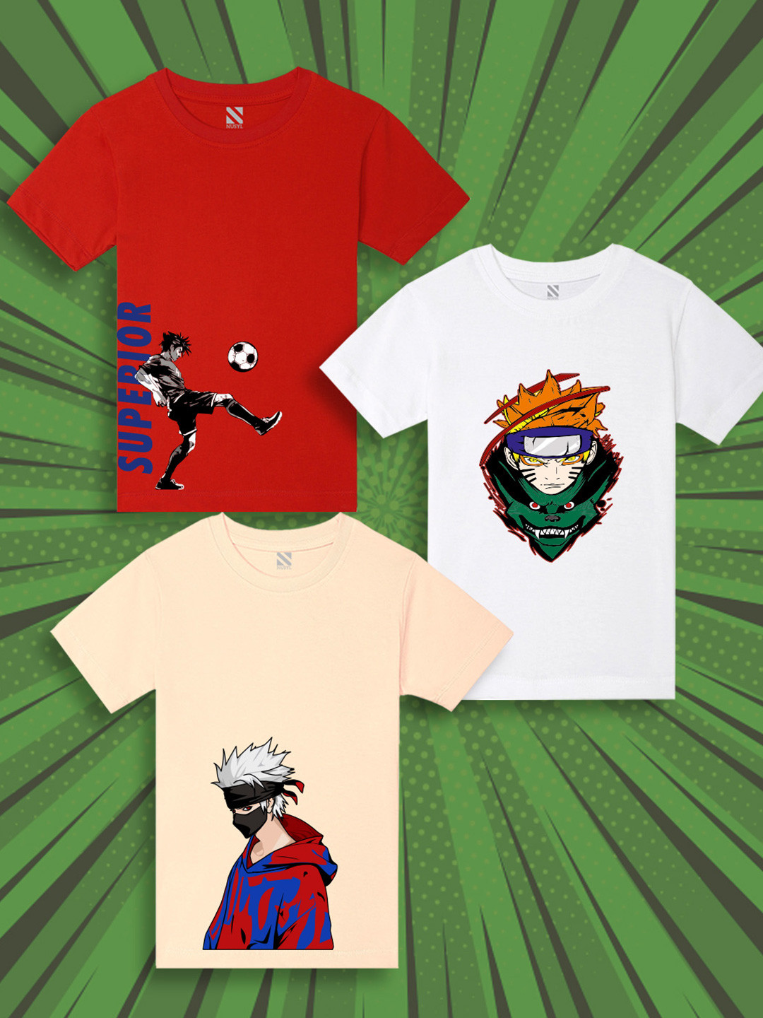 NUSYL Pack Of 3 Boys Anime Printed Cotton T-shirt
