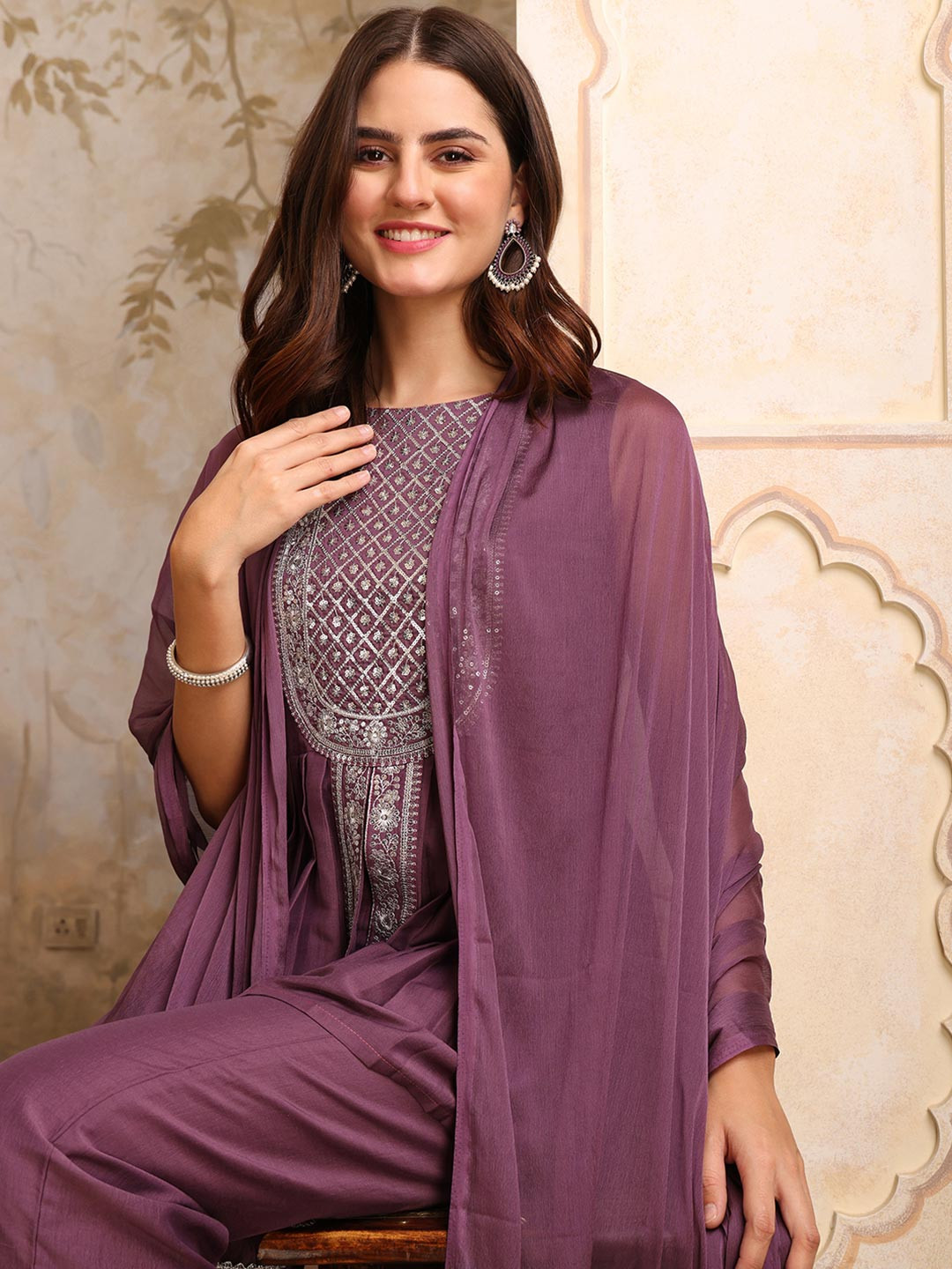 Sangria Women Yoke Embroidery A-line Kurta Palazzo With Dupatta Set