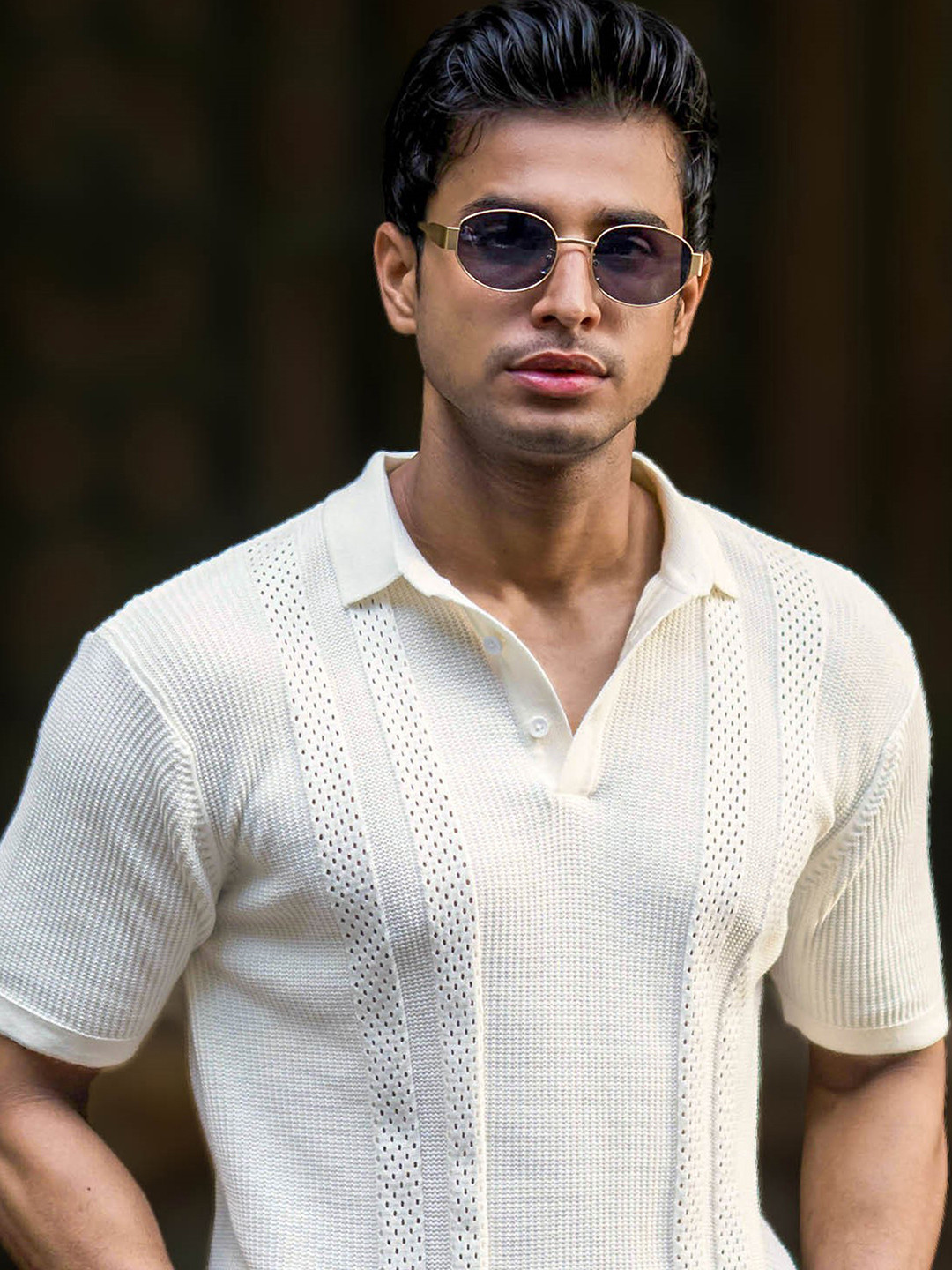 Maniac Self Design Textured Polo Collar Slim Fit T-shirt