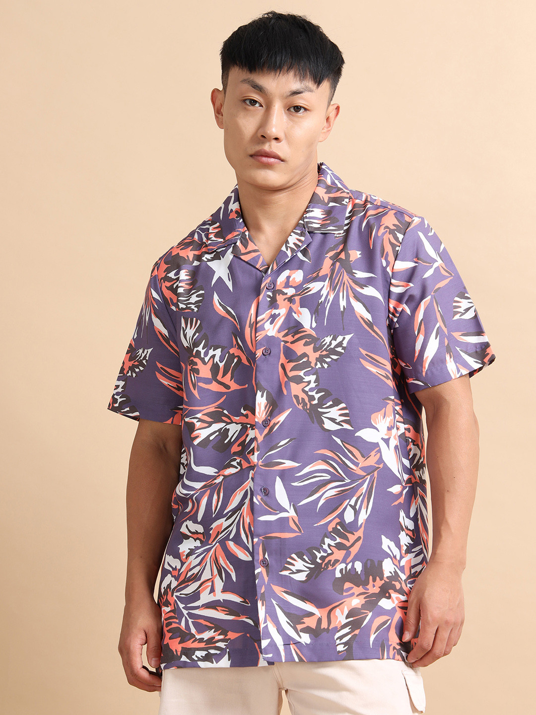StitchX Men Short Sleeve Printed Beach Cuban Collar Shirt
