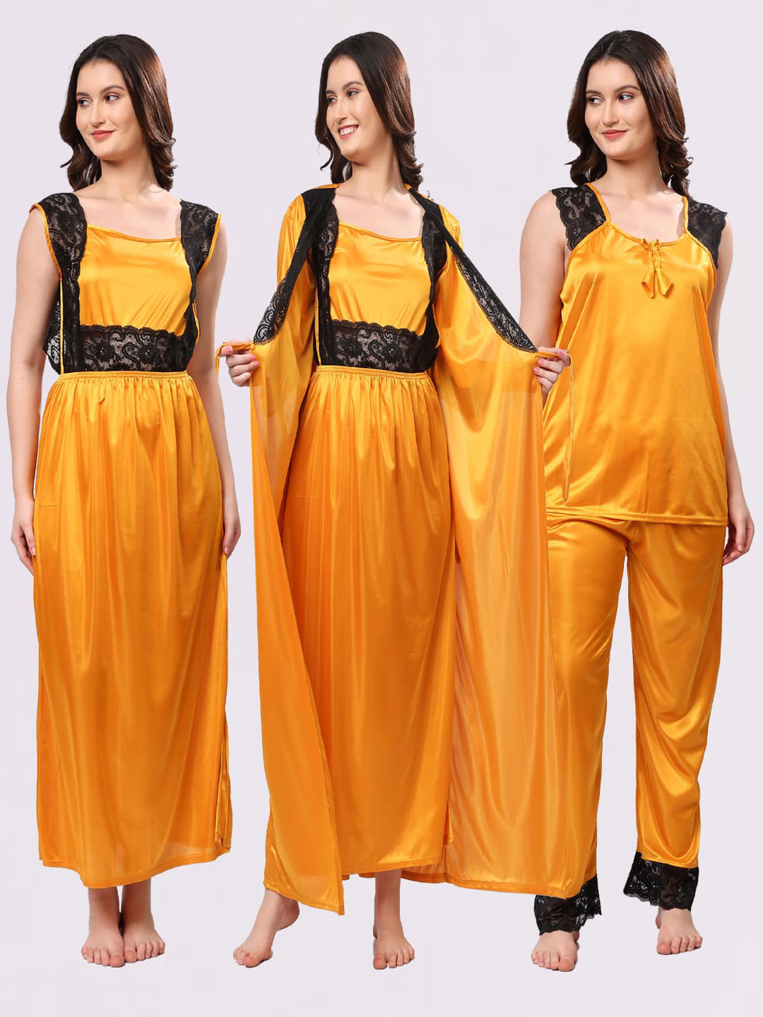 NIGHT KEYS Yellow Satin Maxi Solid Nightdress