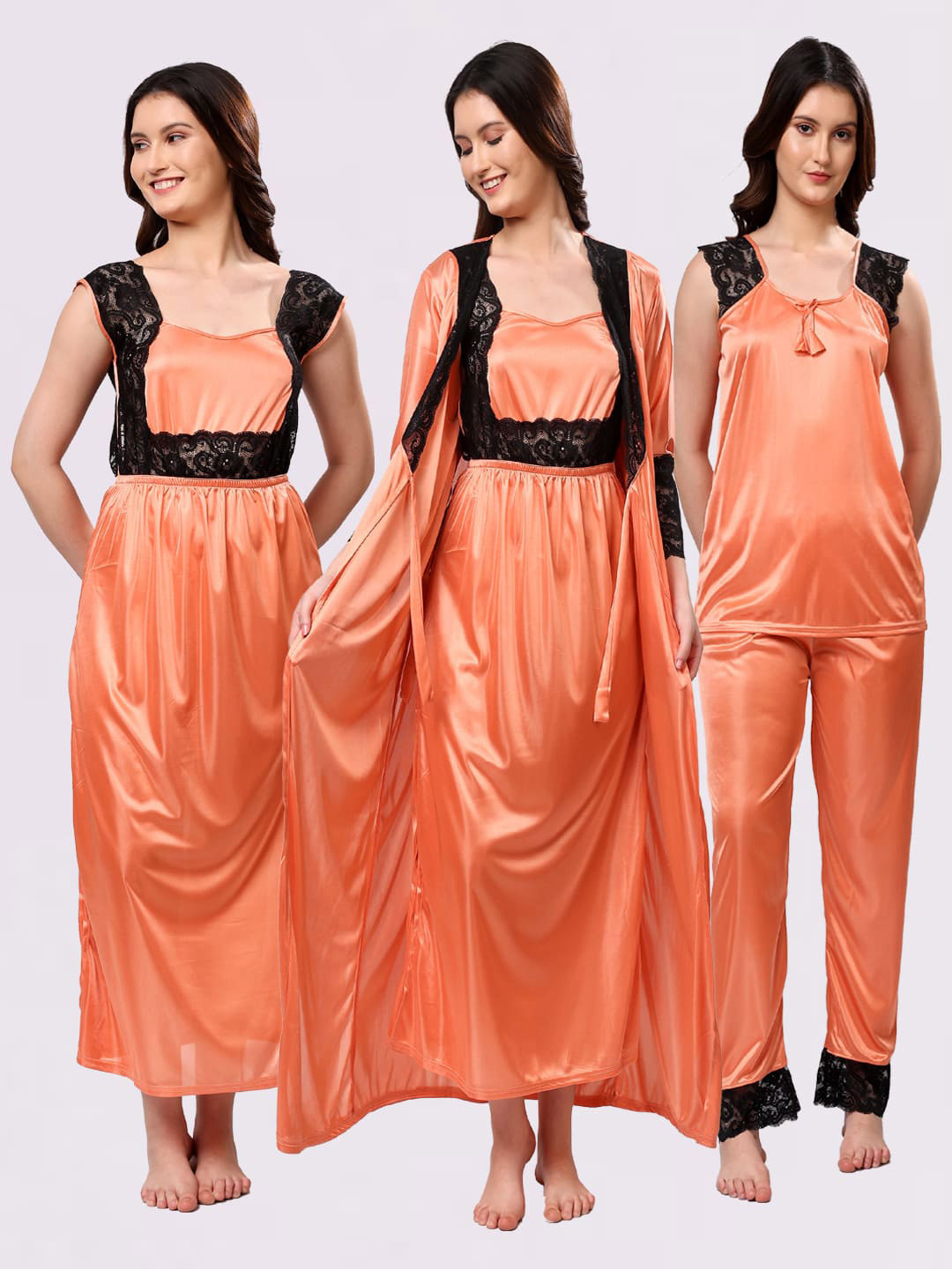 NIGHT KEYS Orange Satin Maxi Solid Nightdress