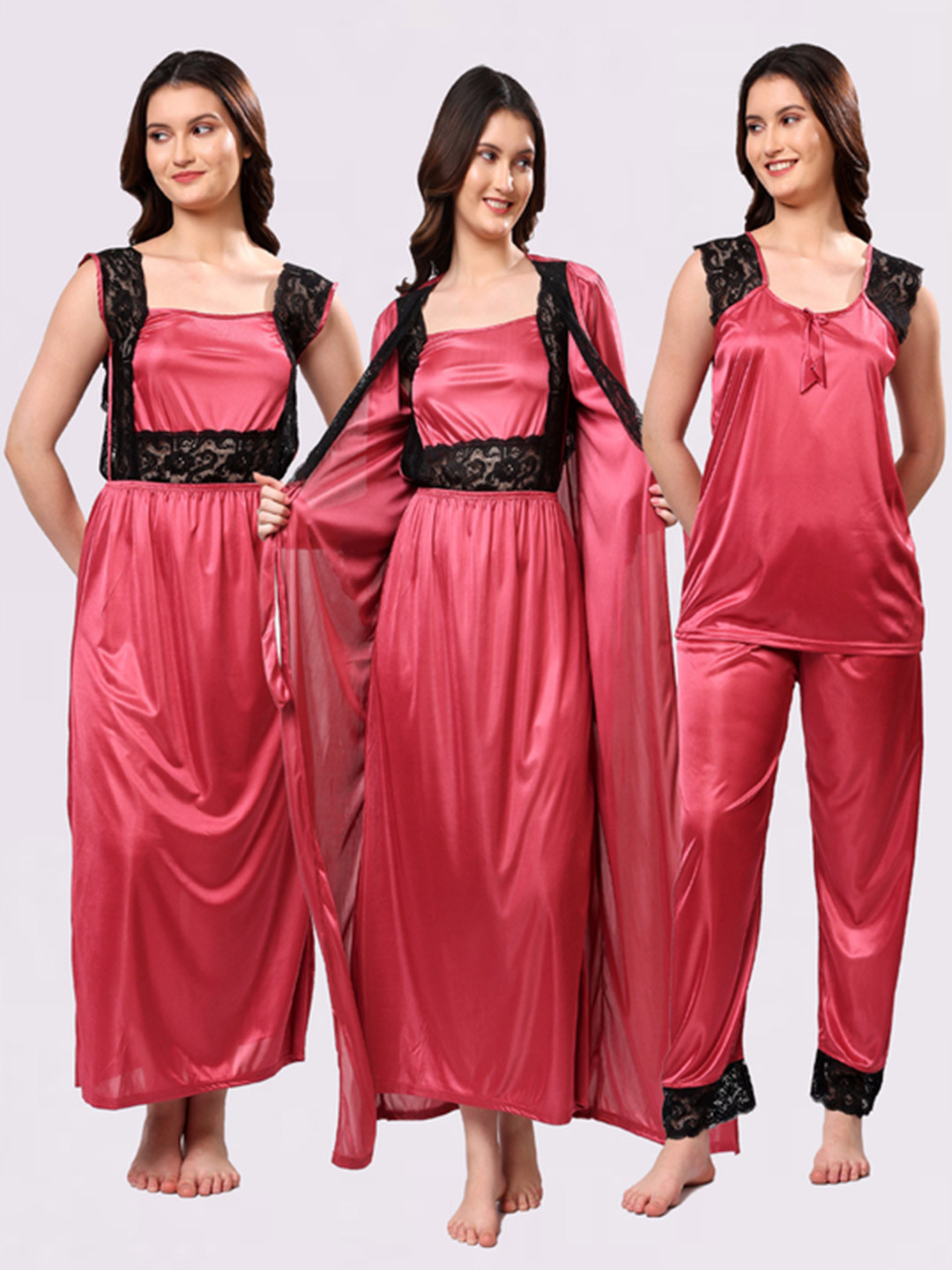 NIGHT KEYS Purple Satin Maxi Solid Nightdress