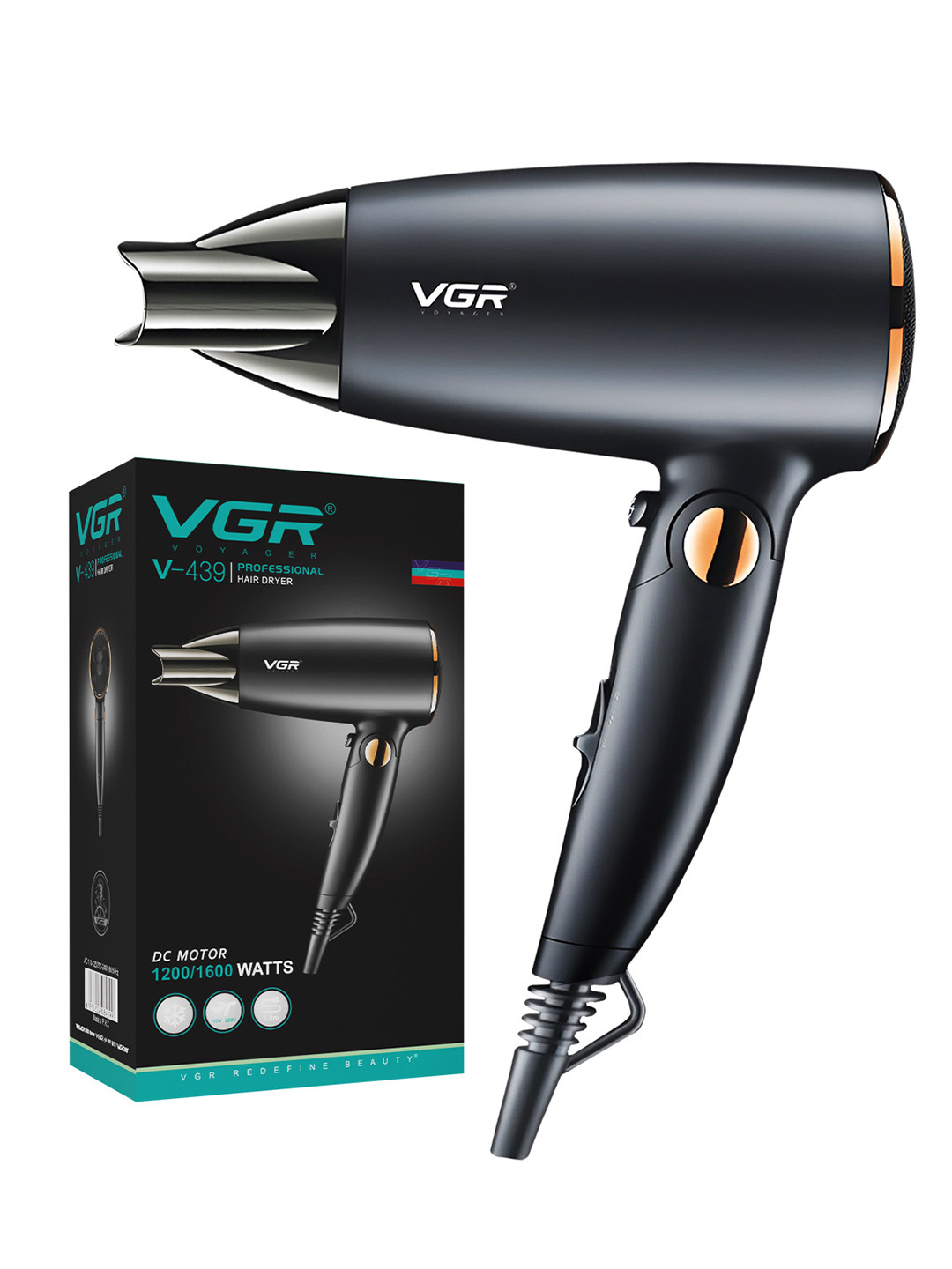 VGR V-439 1600W Professional Foldable Hair Dryer - Black