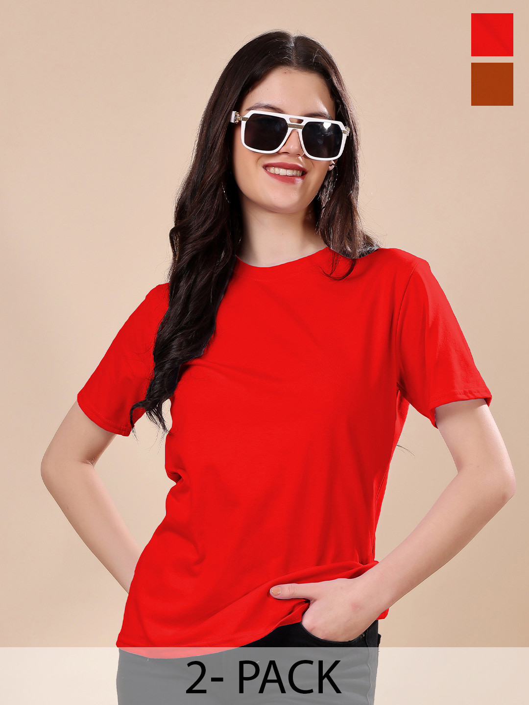 Pack Of 2 Red & Brown Regular Fit T-shirts