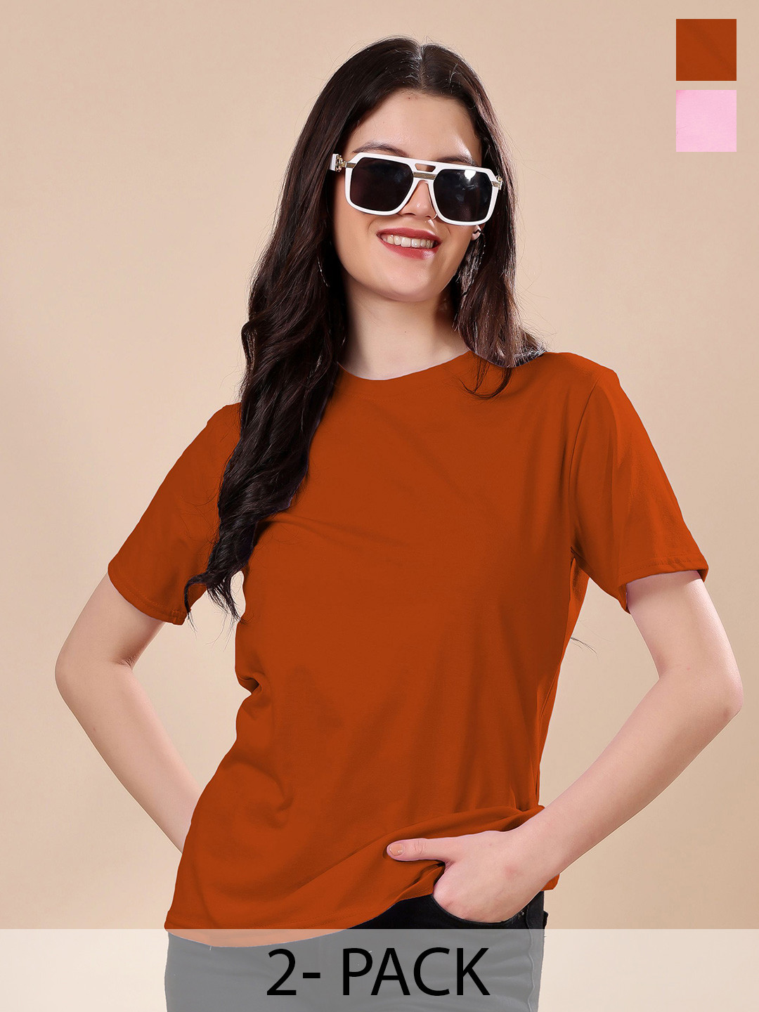 Pack Of 2 Pink & Brown Regular Fit T-shirts