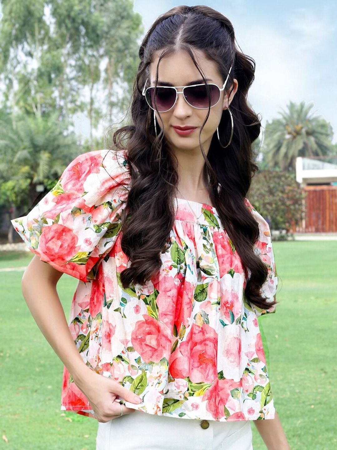 Sera Women Floral Printed Square Neck Puff Sleeve Cotton BalloonTop