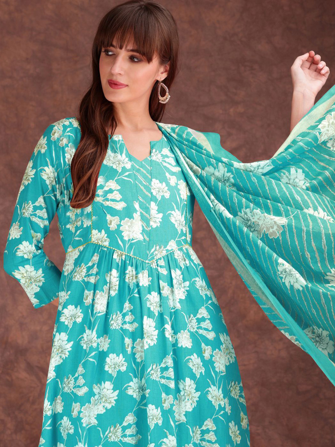 Sangria Women Pure Cotton Floral Print Office Straight Kurta Pant With Dupatta Set