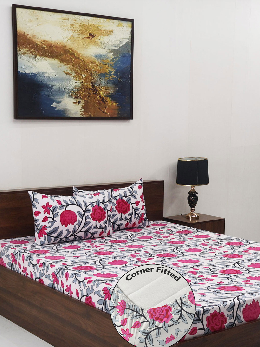 Steve & Anderson Pink & White Printed 160 TC Queen Bedsheet Set-1.82 m x 1.98 m