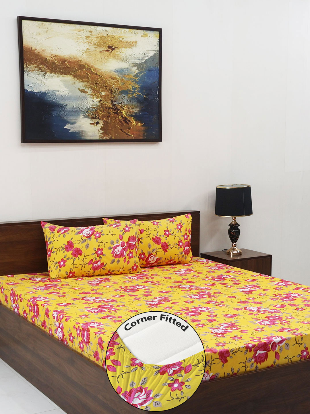 Steve & Anderson Joy Yellow Floral Microfiber 160 TC Fitted Bedsheet Set-1.82mX1.98mX15cm