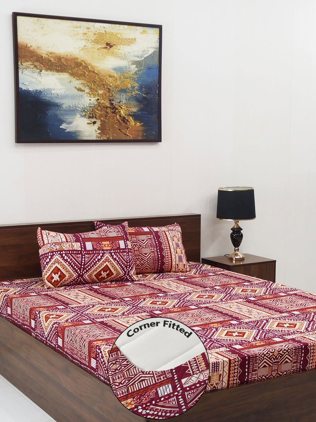 Steve & Anderson Joy Maroon Floral 160 TC Fitted Queen Bedsheet Set