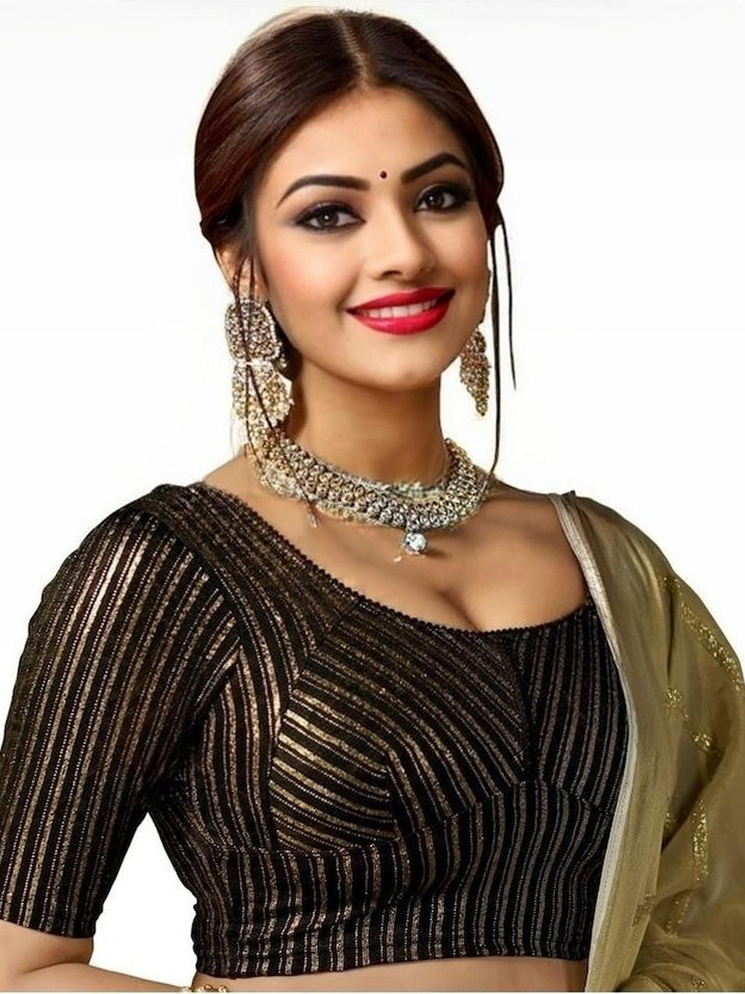 PU FASHION Plus Size Woven Design U-Neck Saree Blouse