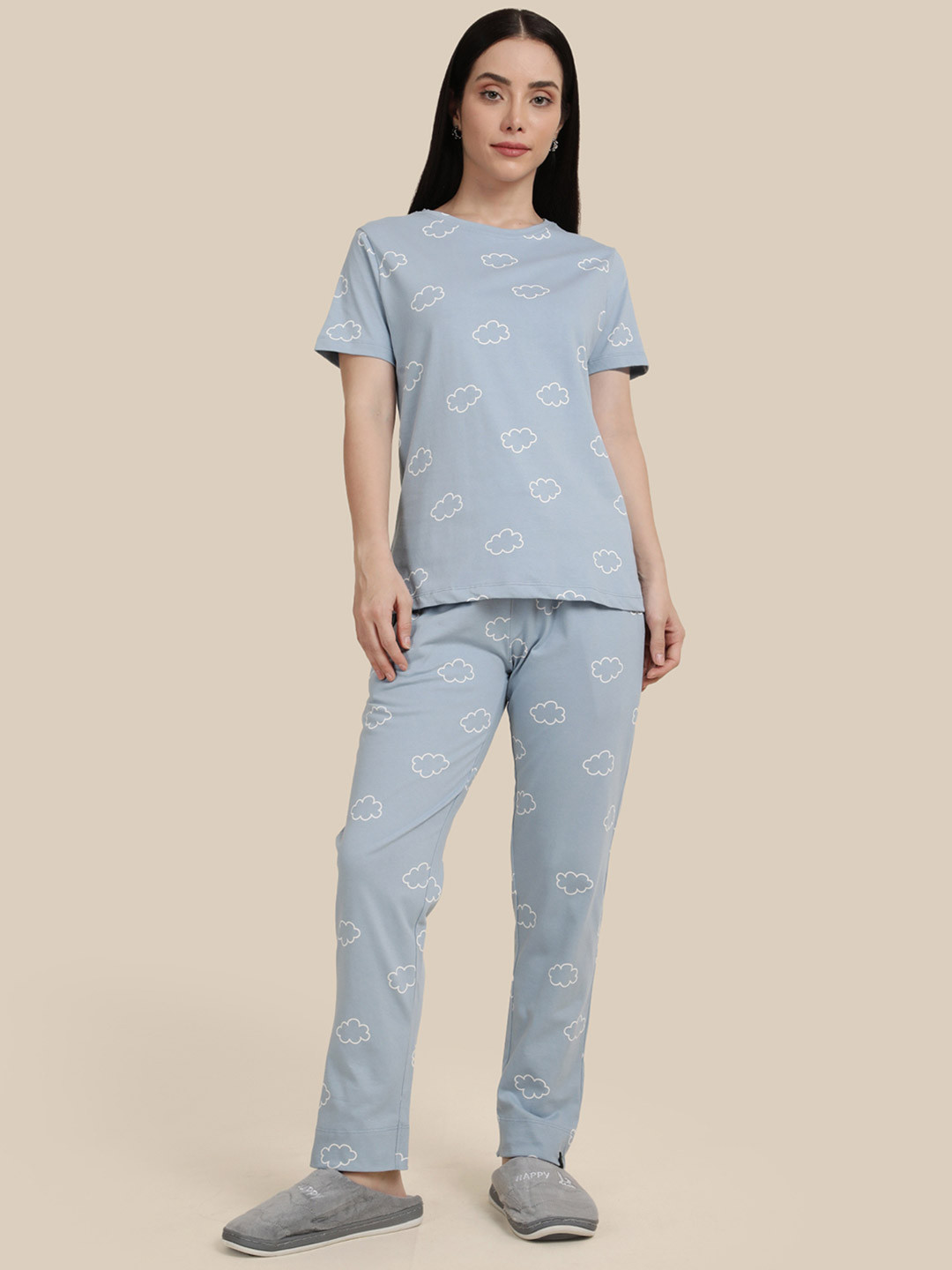 TWIN BIRDS Women Twin Birds Women Ashley Blue Printed Round Neck Night suit