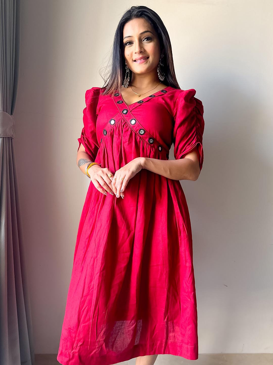FFI Women V-Neck Mirror Work Puff Sleeves Detail Kaia Midi Dress