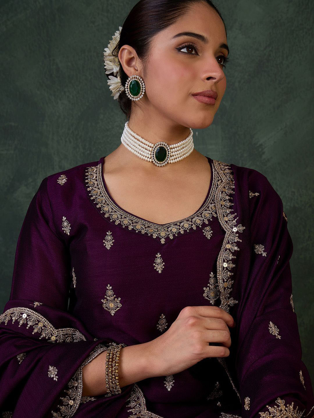 Indo Era Floral Embroidered Round Neck Zari Straight Kurta With Trousers & Dupatta