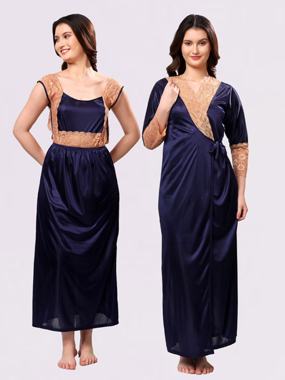 NIGHT KEYS Navy Blue Satin Maxi Solid Nightdress