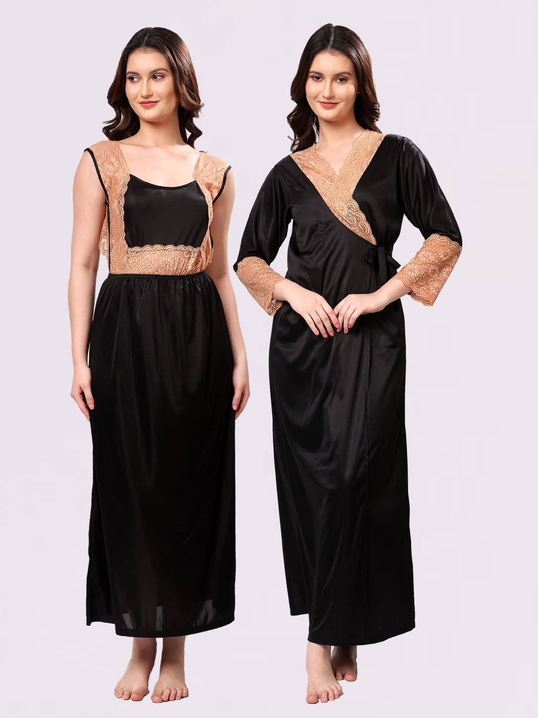 NIGHT KEYS Black Satin Maxi Solid Nightdress