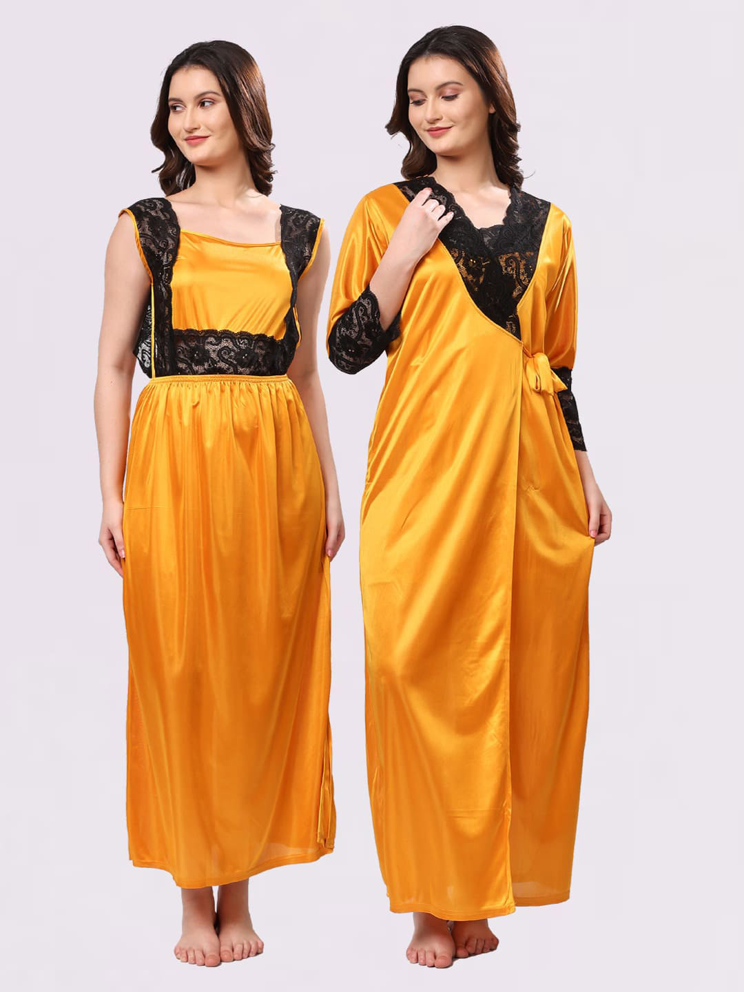 NIGHT KEYS Yellow Satin Maxi Solid Nightdress