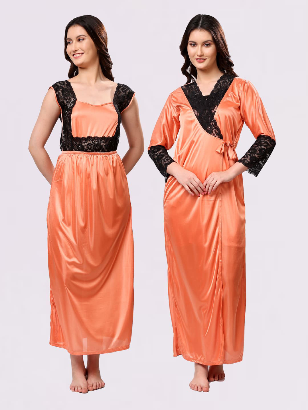 NIGHT KEYS Orange Satin Maxi Solid Nightdress