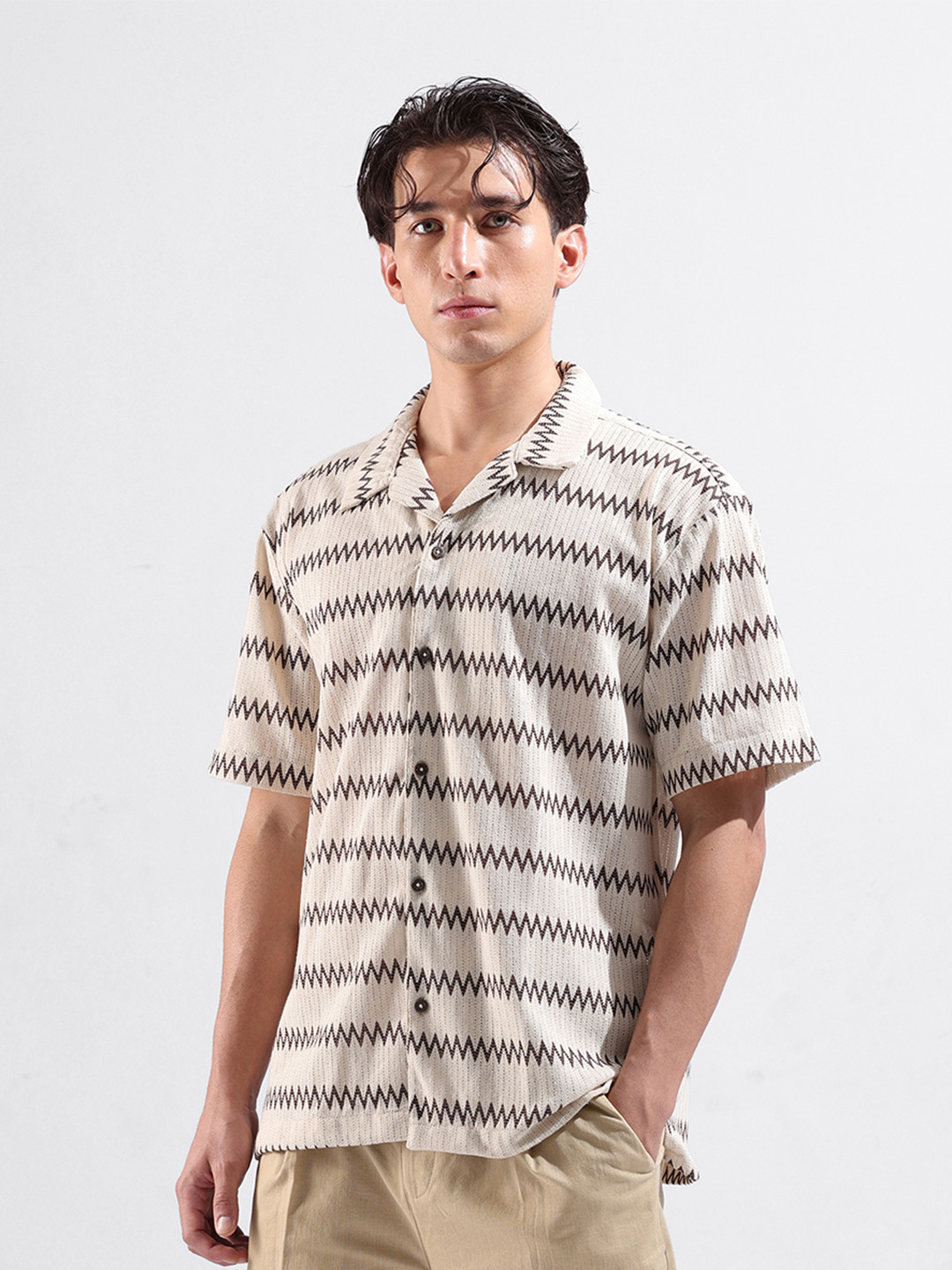 The Indian Garage Co Men Relaxed Fit Textured Resort Wear Crochet Shirt