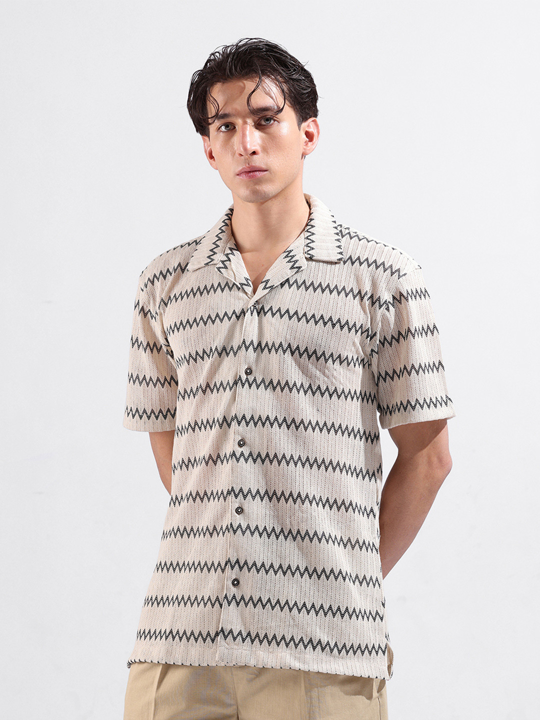 The Indian Garage Co Men Relaxed Fit Textured Resort Wear Crochet Shirt