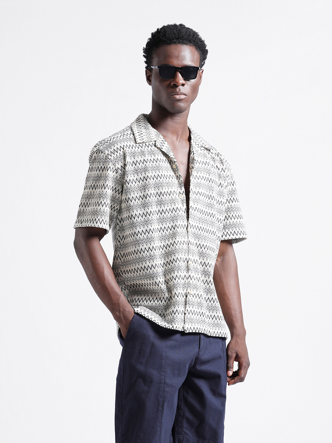 The Indian Garage Co Men Relaxed Fit Textured Resort Wear Crochet Shirt