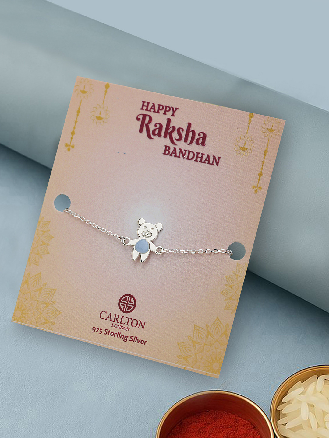 Carlton London 925 Pure Sterling Silver Enamel and Silver Plated Teddy Bear Charm Rakhi