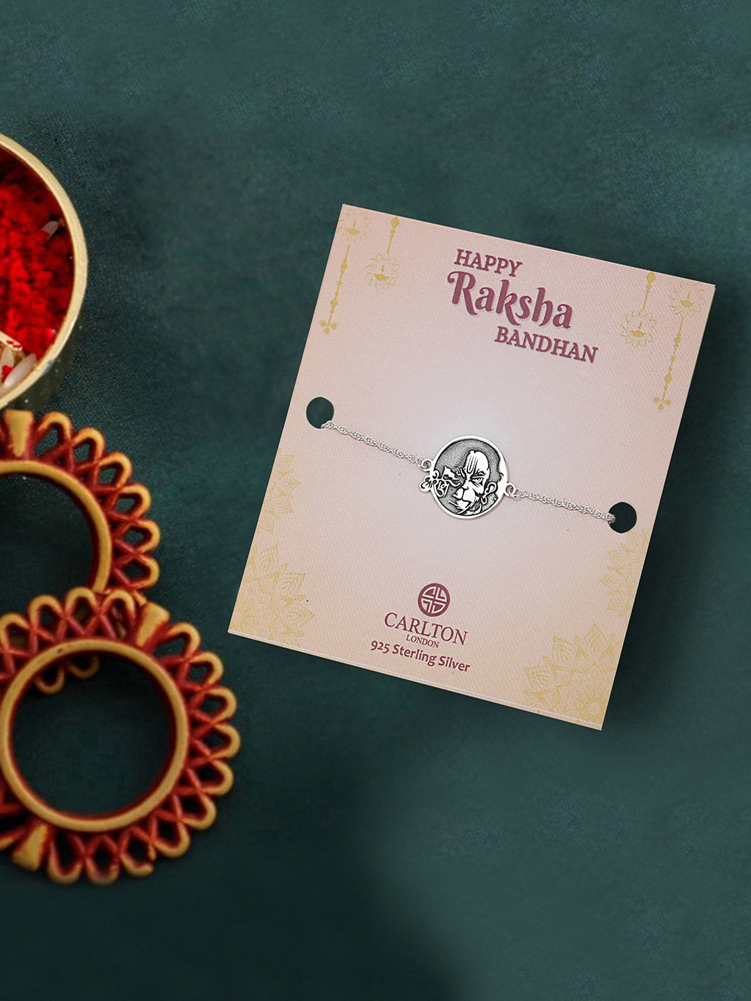 Carlton London 925 Sterling Silver Engrave and Silver Plated Lord Angry Hanuman Oxidised Rakhi