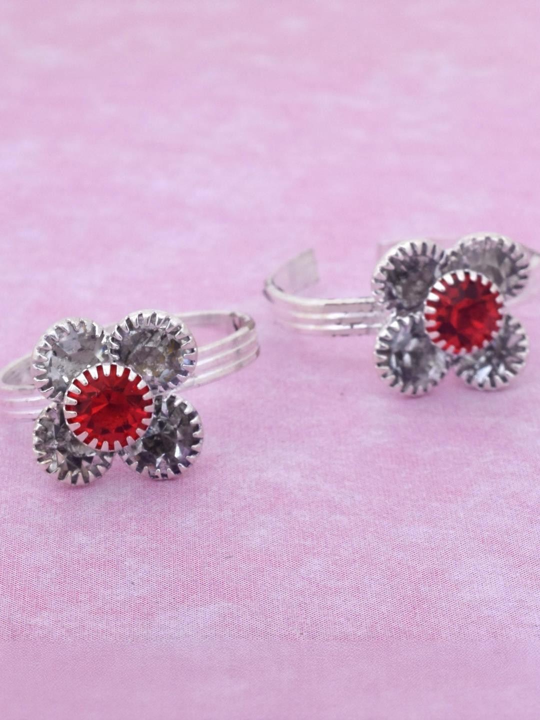 MEMOIR Silver plated, Flower design, Red CZ studded, Adjustable size, Bichiya Toering