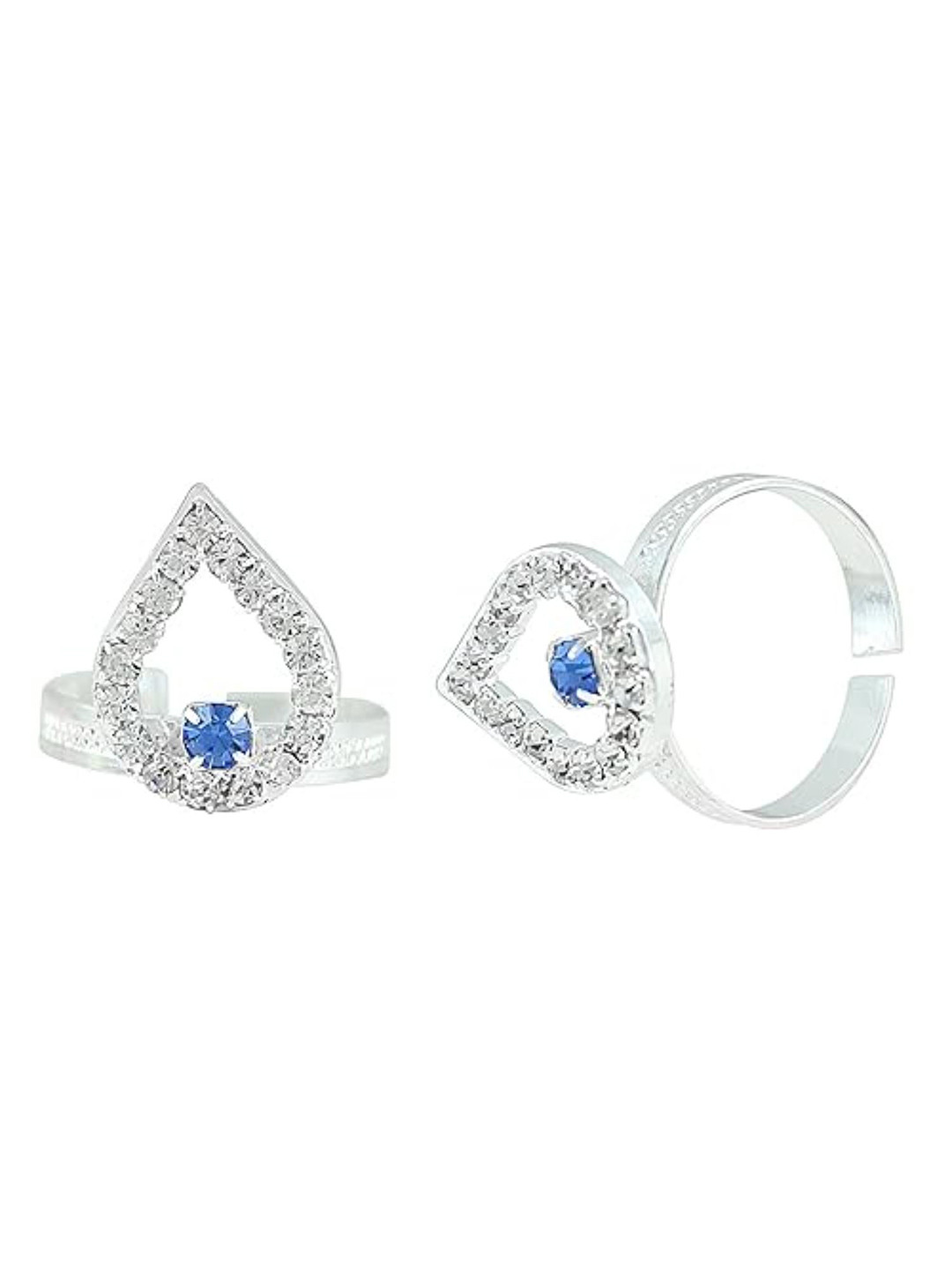MEMOIR Silver plated Pear shape design White andInk Blue CZ Adjustable Toe ring