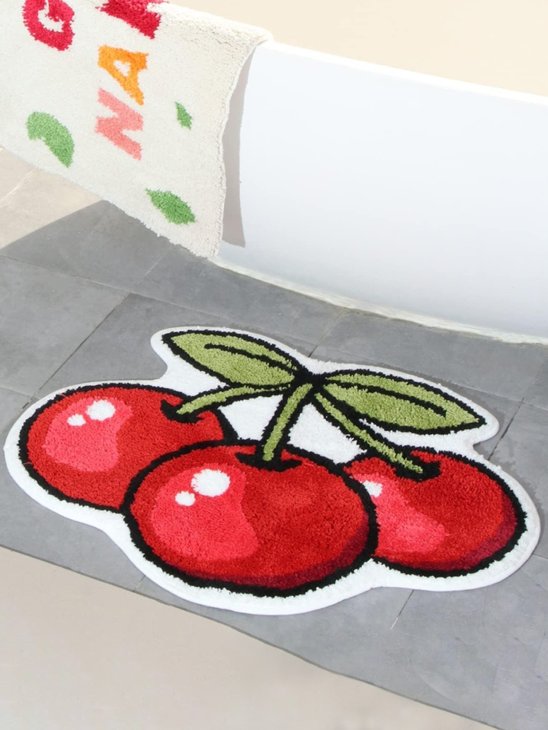 AAZEEM Red & Green Cherry Printed Non-Slip Microfibre Bath Rug