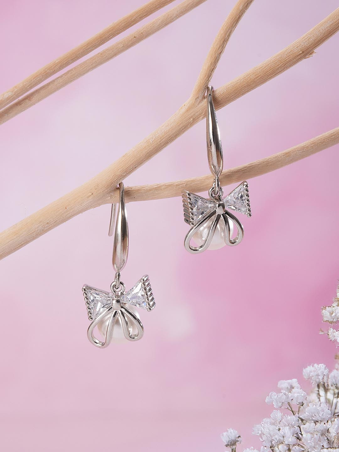Jazz and Sizzle Rhodium Plated Pearls and Crystal Studded Contemporary Drop Earrings