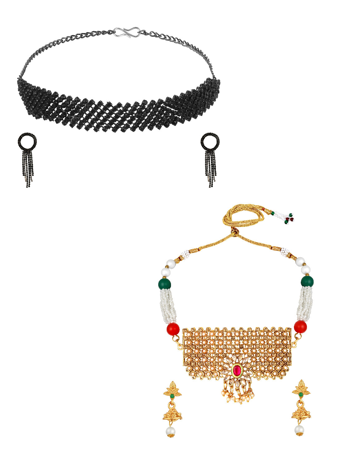 ASMITTA JEWELLERY Set Of 2 Gold-Plated & Black Austrian Stone-Studded Jewellery Set