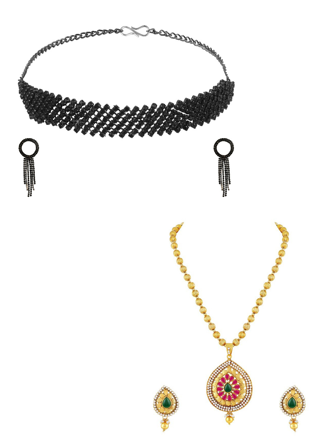 ASMITTA JEWELLERY Set Of 2 Gold-Plated & Black Austrian Stone-Studded Jewellery Set
