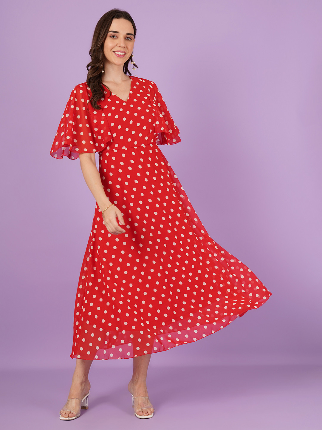 Curvydrobe Polka Dot Printed Georgette Fit & Flare Midi Dress
