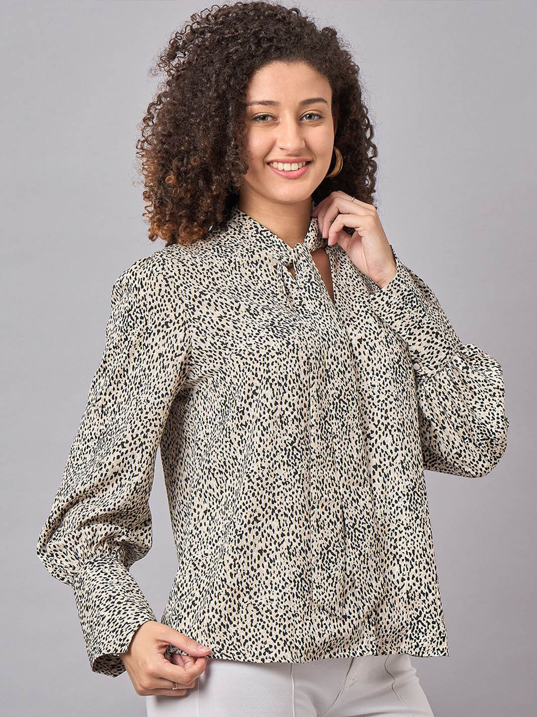 STYLE BLUSH Animal Print Tie-Up Neck Crepe Shirt Style Top