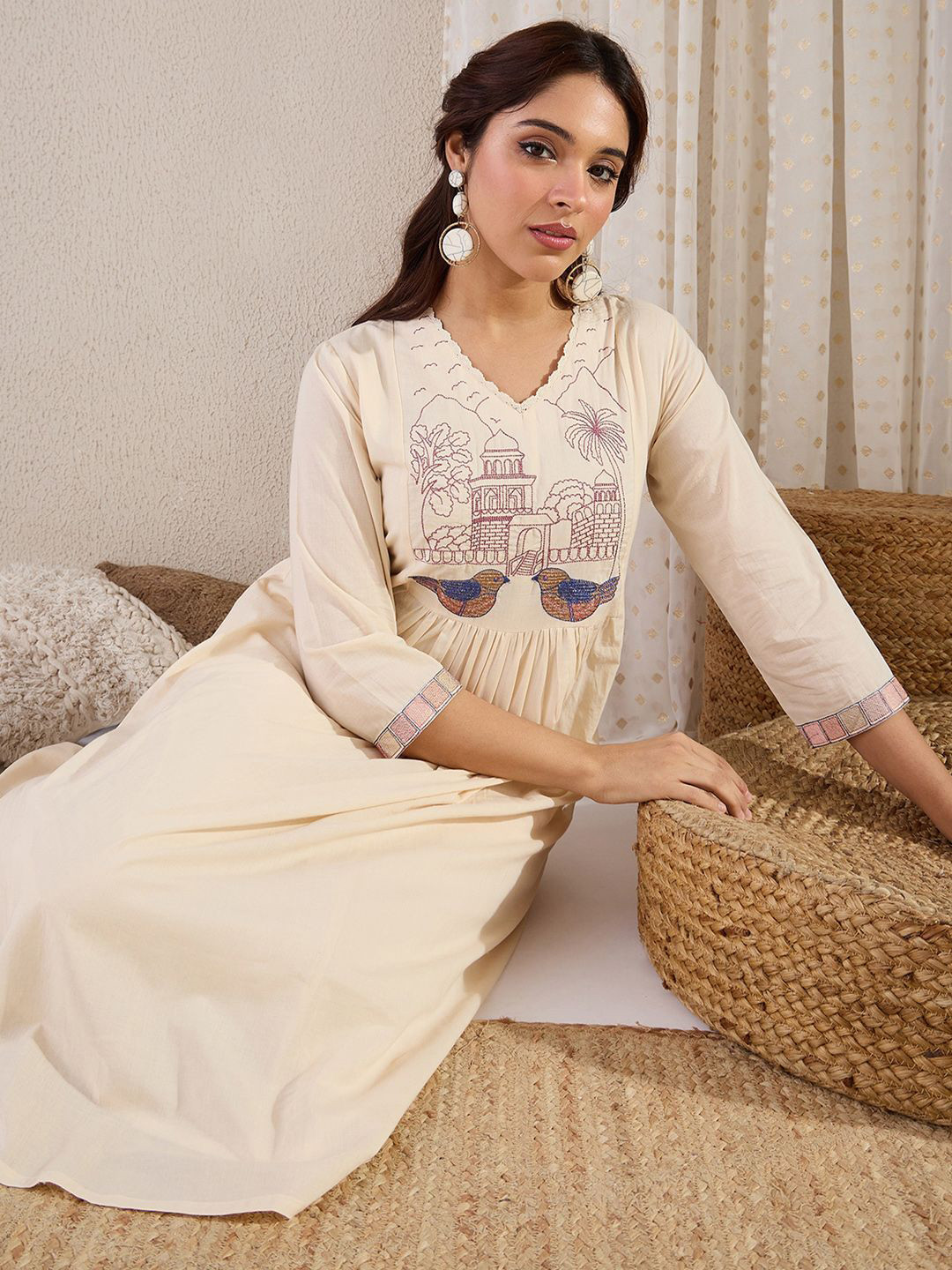 Indo Era Embroidered V-Neck A-Line Top With Trousers Co-Ords