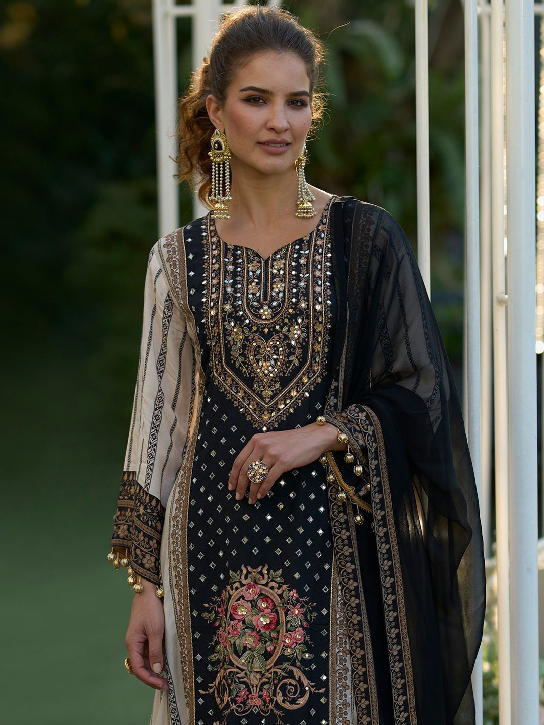 Indo Era Floral Printed Sweetheart Neck Mirror Work Straight Kurta With Palazzos & Dupatta