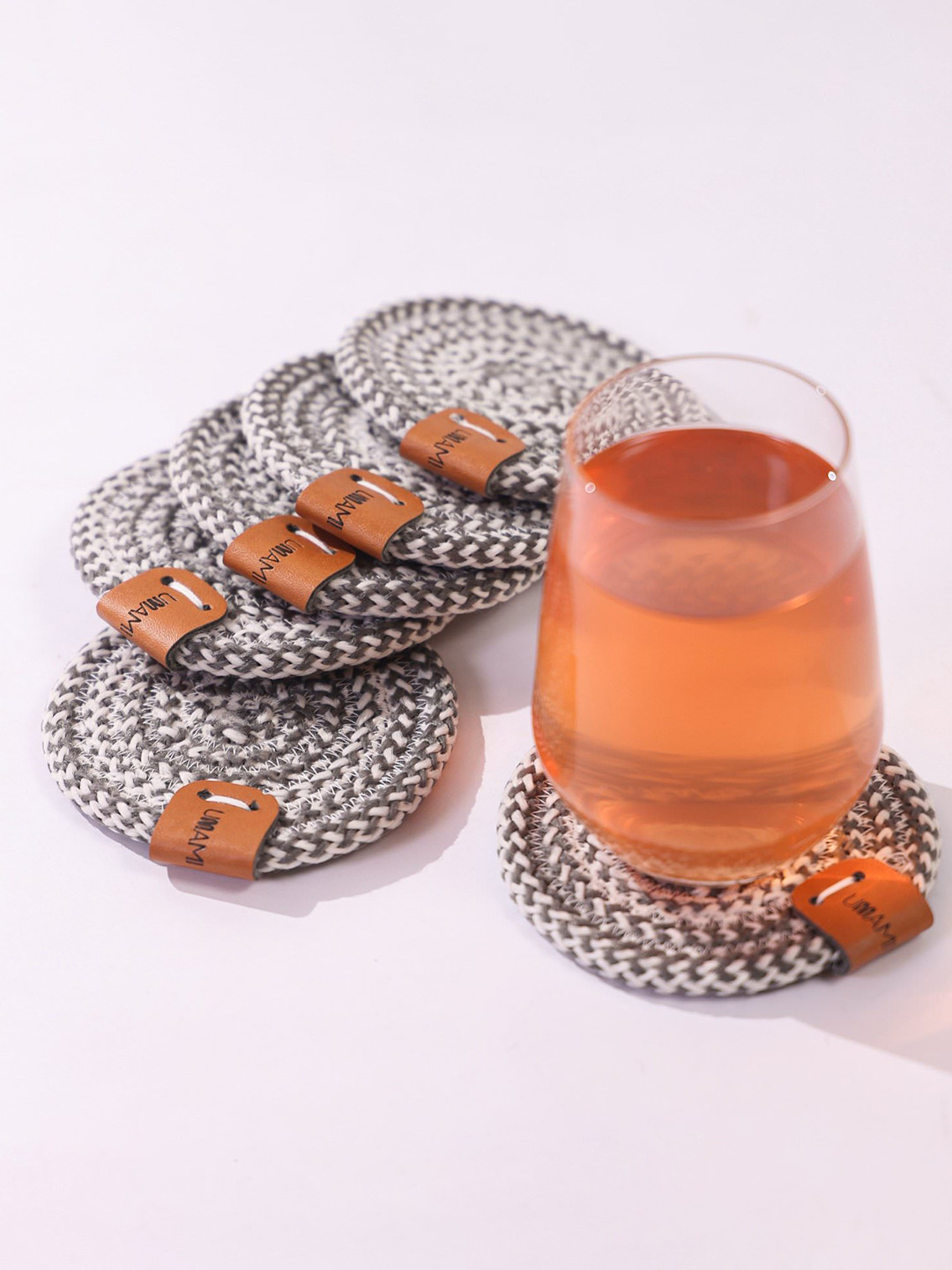 Umami Studio Set Of 6 Grey & White Braided Coasters